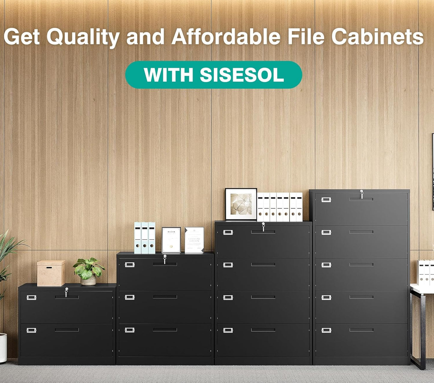 SISESOL 2 Drawer Lateral File Cabinet with Lock,Black Lateral Filing Cabinet,Horizontal Metal Filing Cabinets,Locked Wide Two Drawer File Cabinets for Office Home,Fit A4/F4/Letter/Legal File