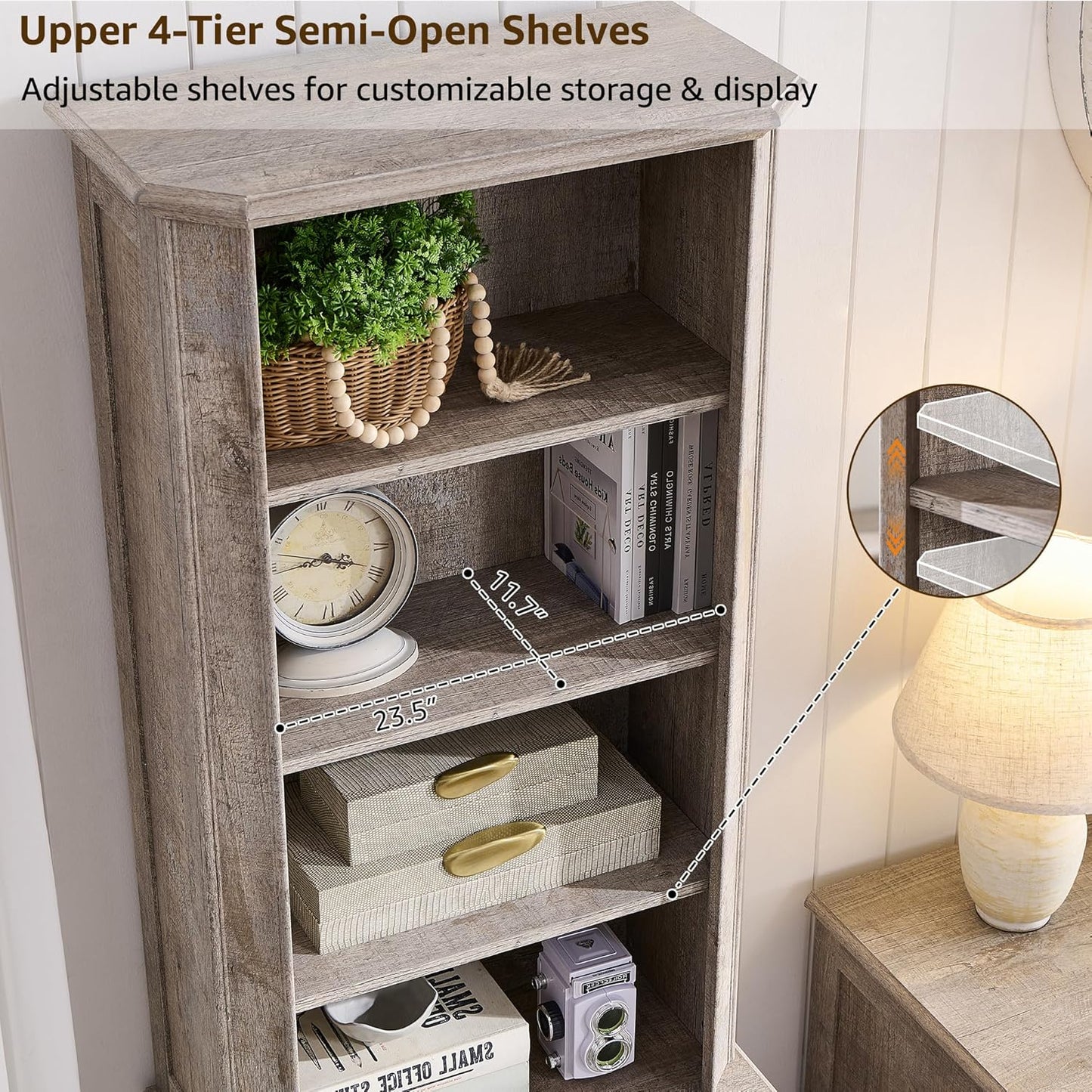 T4TREAM 6-Tier Bookshelf with Storage, 72" Tall Farmhouse Bookcase with Doors and Adjustable Shelves, Wooden Floor Standing Display Book Shelf Organizer for Home Office, Light Rustic Oak