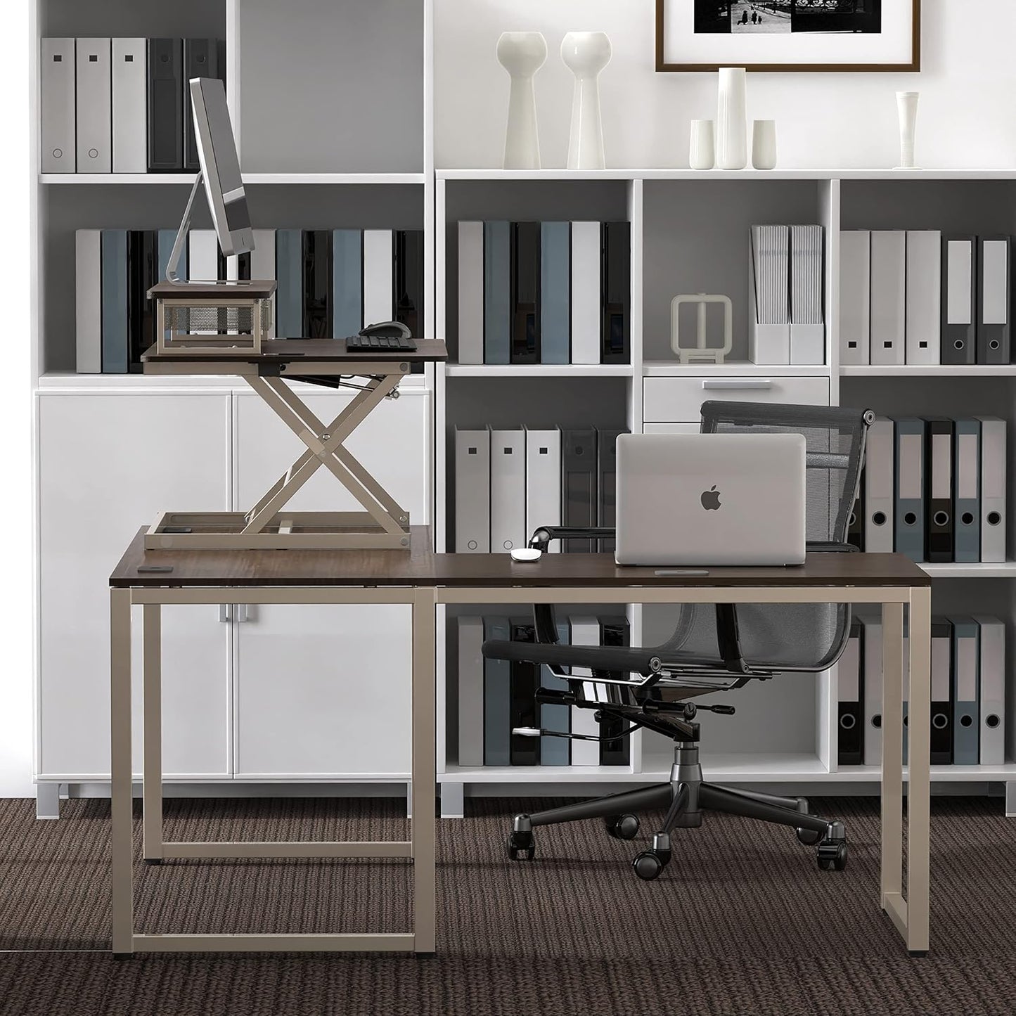 SHW 36-Inch Over Desk Height Adjustable Standing Desk with Monitor Riser, Espresso