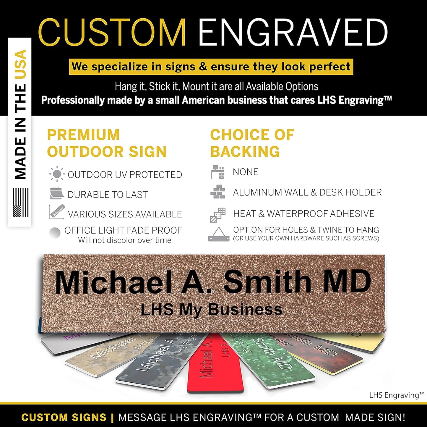 Engraved Name Plates for Door Sign Personalized Textured Copper Plastic Plaque with Black Letters - Made in USA 2x8 M2