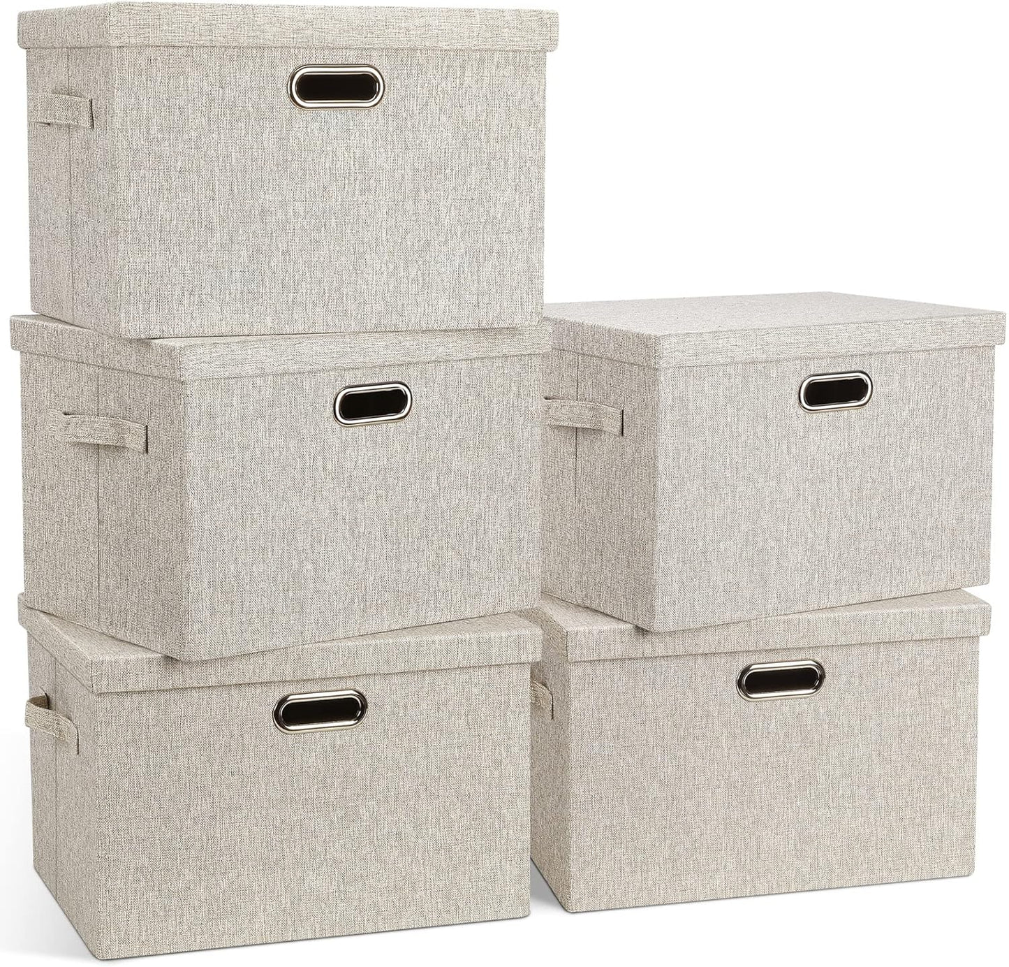 Large 17" 36 Quart Collapsible Stackable Storage Bins with Lids, 5 Packs Beige Linen Fabric Closet Boxes with Lids, Storage Cube Baskets Container Organizers for Bedroom Office(17 x12 x11)