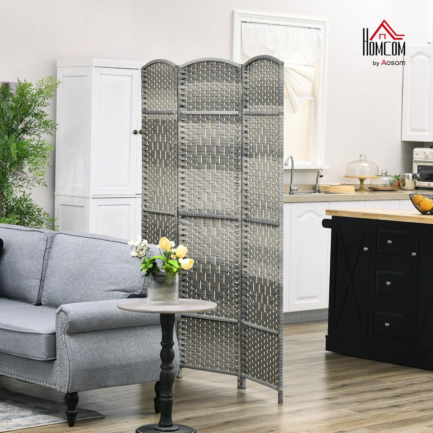 HOMCOM 3 Panel Room Divider, 6' Tall Folding Privacy Screen, Hand-Woven Freestanding Wall Partition for Home Office, Bedroom, Mixed Gray