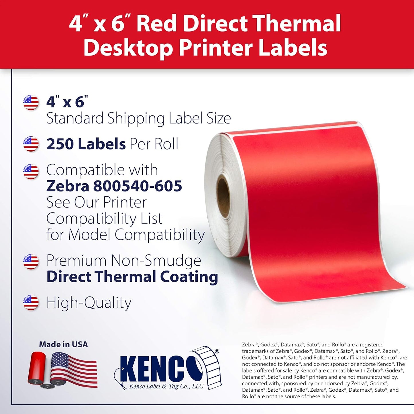4" X 6" Direct Thermal Perforated Stickers Labels for Shipping Labels, Inventory, and Color Coding - Compatible with Zebra, Rollo, Godex and More (Red, 24 Rolls)
