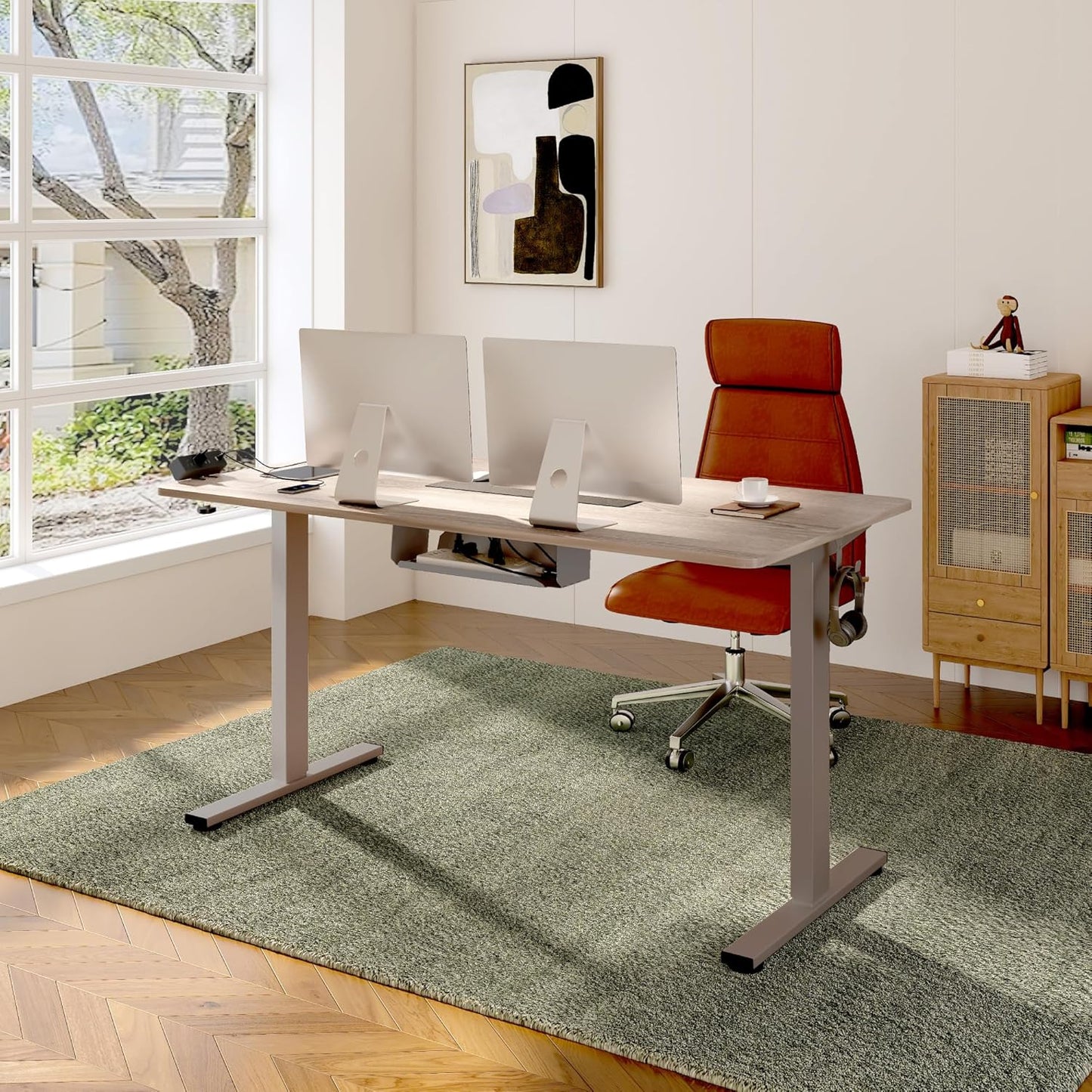 FLEXISPOT EN2 Whole-Piece Standing Desk with Clamp Power Strip, 48 x 30 Electric Stand Up Height Adjustable Desk with Cable Management (Gray Frame + 48" Gray Wood Grain Desktop, 2 Packages)