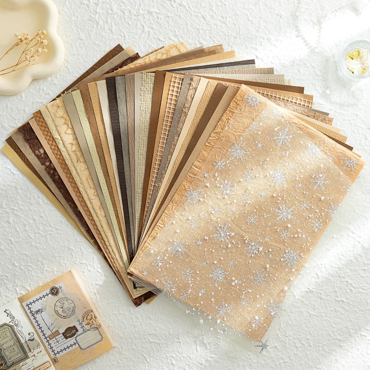 Aromoty 30 sheets A4 size Textured Scrapbook Paper&Mesh Fabric set - Large Handmade Craft Mulberry Special Paper Mix for Scrapbooking Junk Journal Supplies Card Materials Collage, 11.7x8.3 Inches