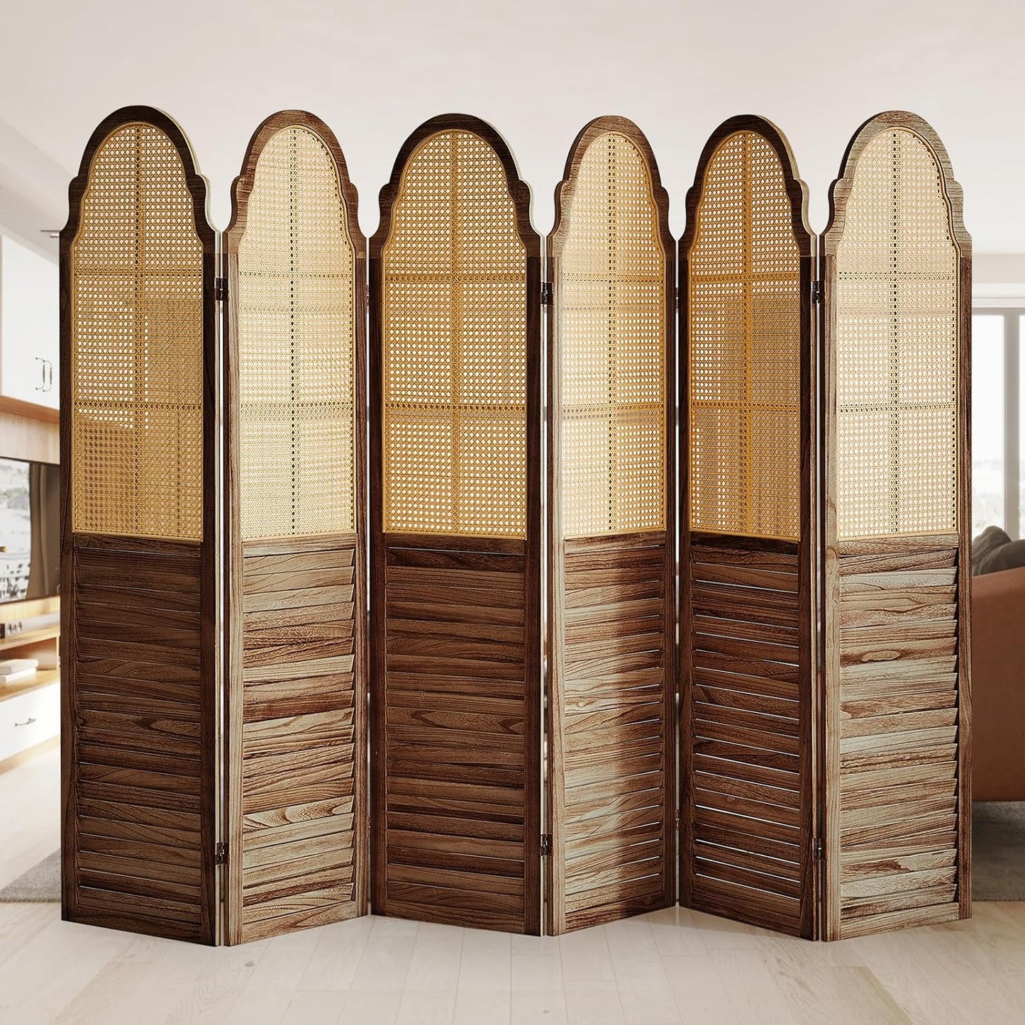 6 Panel Rattan Folding Screen Room Divider, Privacy Dividers for Rooms, Louvered Partition Dividers, Room Divider Panel for Bedroom, Dressing Room, Balcony, Dark Brown