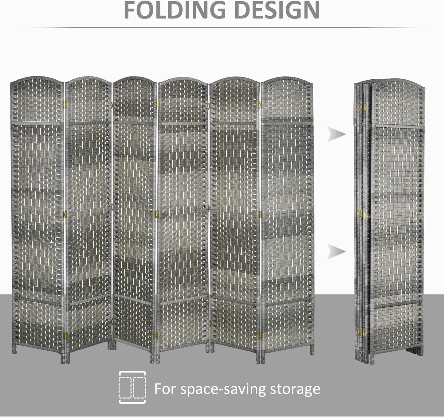 HOMCOM 6 Panel Room Divider, 6' Tall Folding Privacy Screen, Hand-Woven Freestanding Wall Partition for Home Office, Bedroom, Mixed Gray
