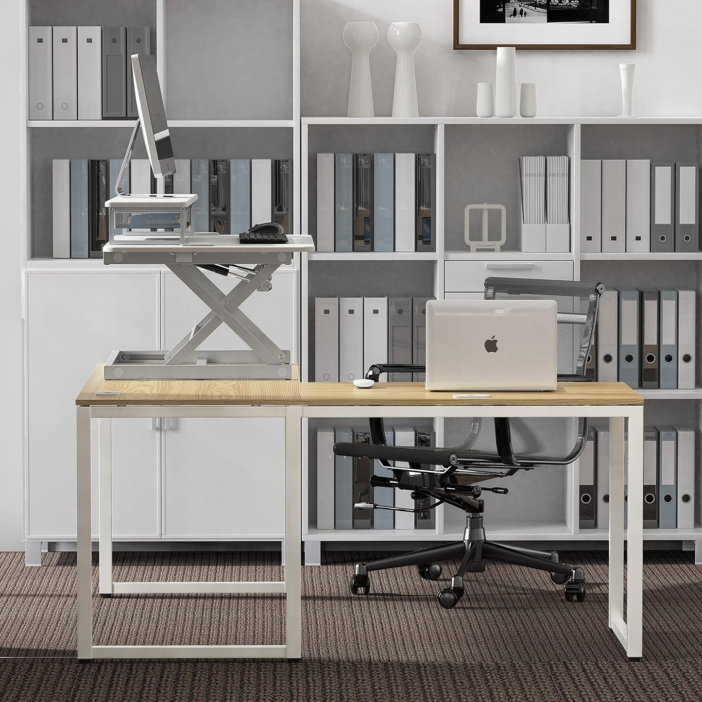 SHW 36-Inch Height Adjustable Standing Desk Converter Sit to Stand Riser Workstation, White