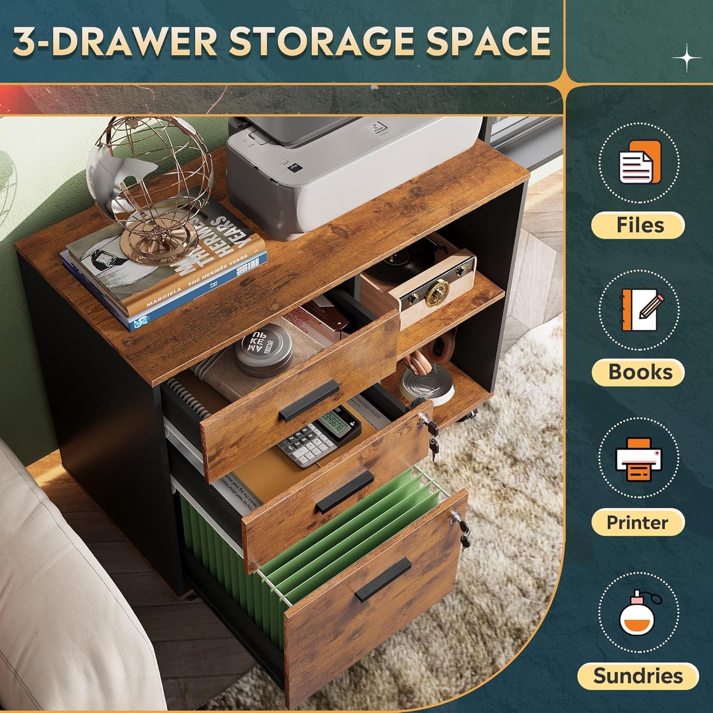 DEVAISE 3-Drawer Wood File Cabinet with Lock, Mobile Lateral Filing Cabinet, Printer Stand with Open Storage Shelves for Home Office, Rustic Brown