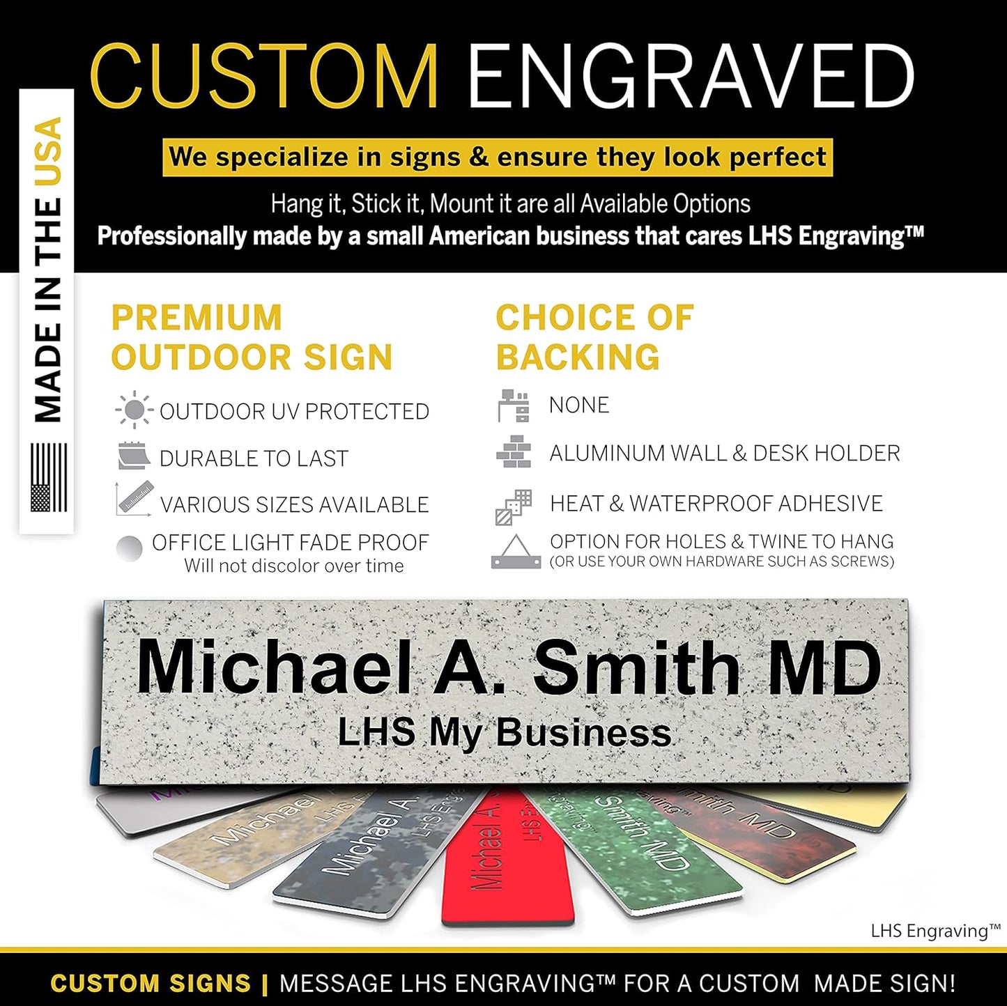 Door Name Plate Personalized for Office Stone Granite Plastic Name Plate Black Letters - Made in USA 2x8 S3