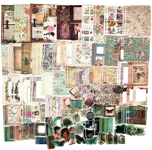 200PCS Vintage Scrapbooking Supplies Pack, Aesthetic Scrapbook Sticker Paper Art Journaling Kit for Bullet Junk Journals,Planner,Cottagecore Decor Gifts (Green Vintage Collection)