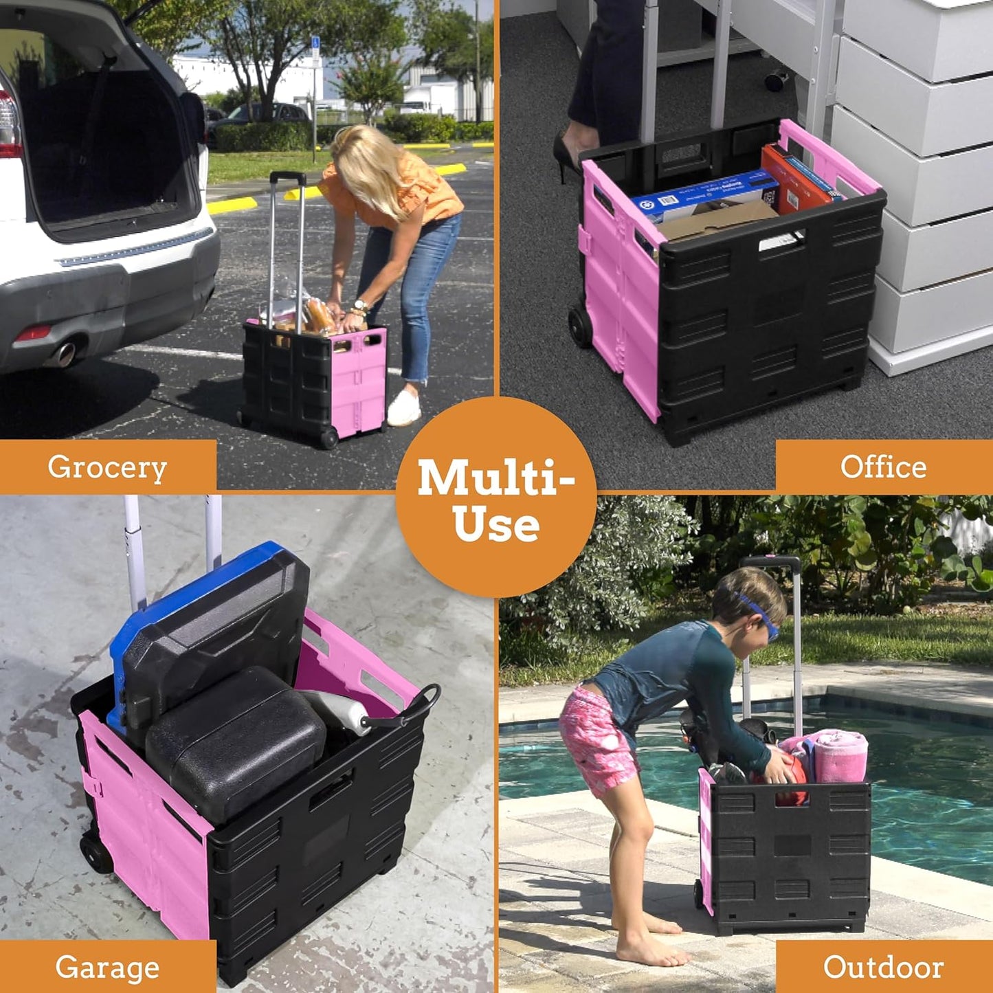 Inspired Living Ultra-Slim Rolling Collapsible Storage Pack-N-Roll Utility-carts, with Telescopic Handle, for Home, Garden, Shopping, Office, School use, Large, Pink & Black
