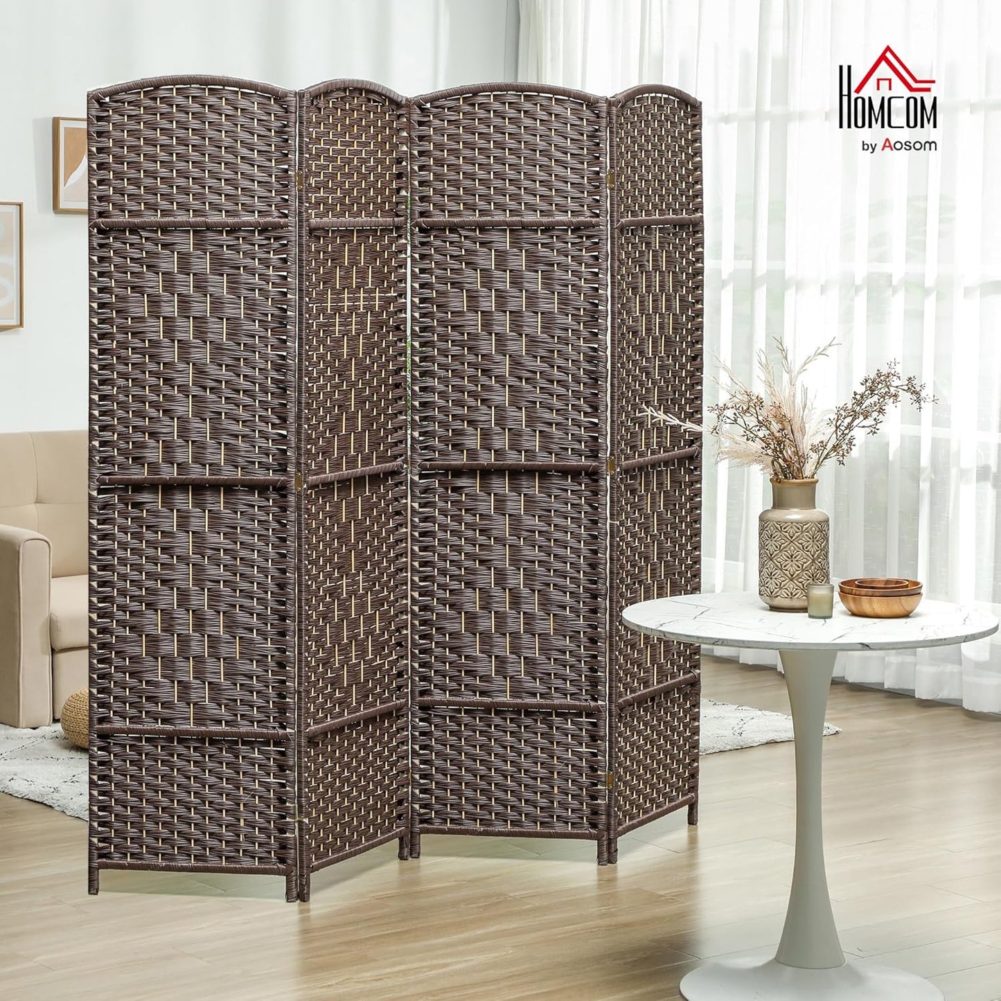 HOMCOM 4 Panel Room Divider, 6' Tall Folding Privacy Screen, Hand-Woven Freestanding Wall Partition for Home Office, Bedroom, Brown