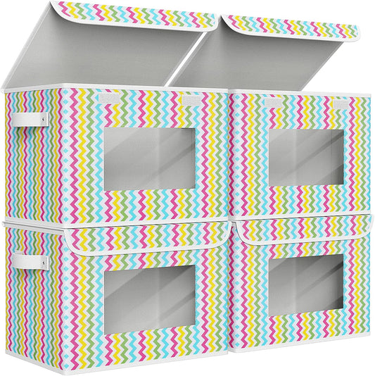 Univivi Fabric Foldable Storage Boxes [4-Pack] Large Collapsible Stackable Storage Bins with Lids, Closet Organizers and Storage Cube Basket for Home, Office, Bedroom (Colorful, 17”x 12” x 12”)