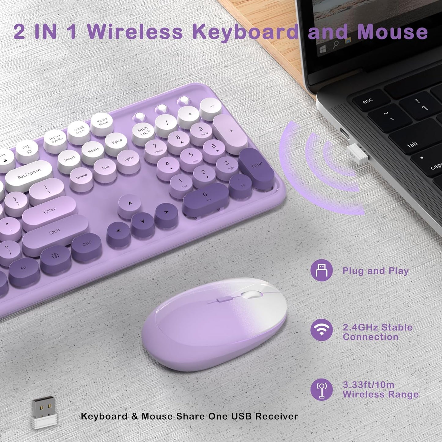 Colorful Wireless Keyboard and Mouse Combo, COVEVA 2.4GHz Wireless Retro Cute Round Keycaps Keyboard, 104 Keys Full-Sized Keyboard Mouse Set with Switch Button for PC Laptop Desktop (Purple Gradient)