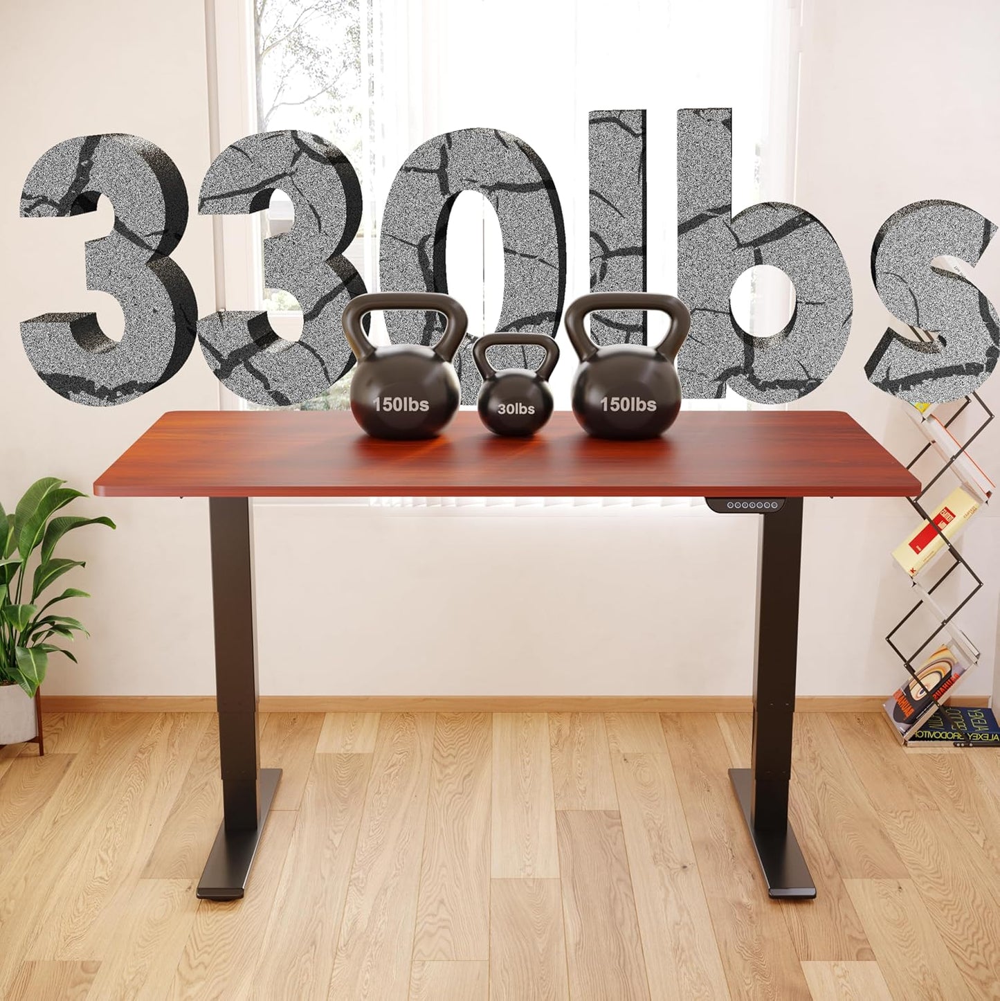 FLEXISPOT E6 MAX Dual Motor 3 Stages Standing Desk 55x28 Inch Whole-Piece Board Electric Height Adjustable Stand Up Desk 150KG Load Capacity(Black Frame + Mahogany Desktop)