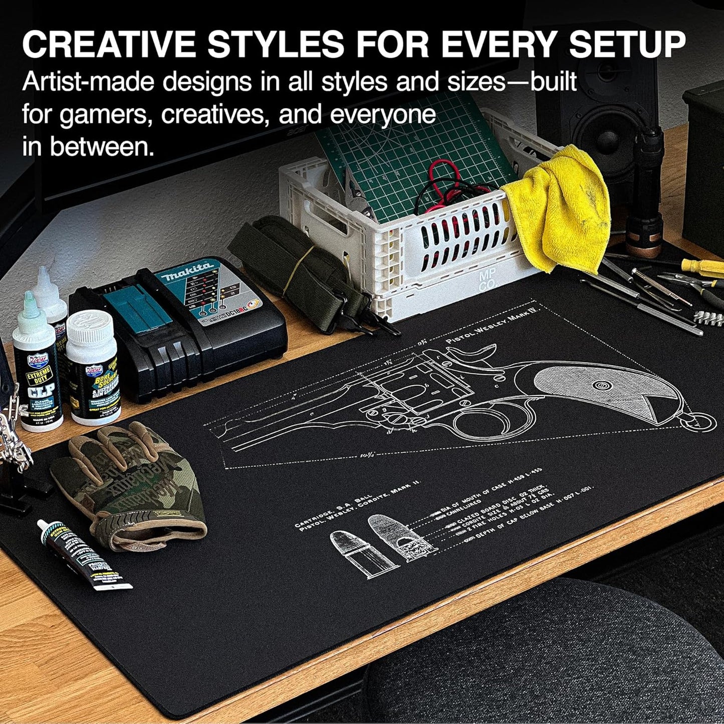 MPCO. Blueprints Large Gaming Desk Pad - 36" x 17" Duraglyde Fabric Pistol Webly Mark IV – Black Desk Mats - Non-Slip, Washable, Smooth Glide for Precision Gaming & Work