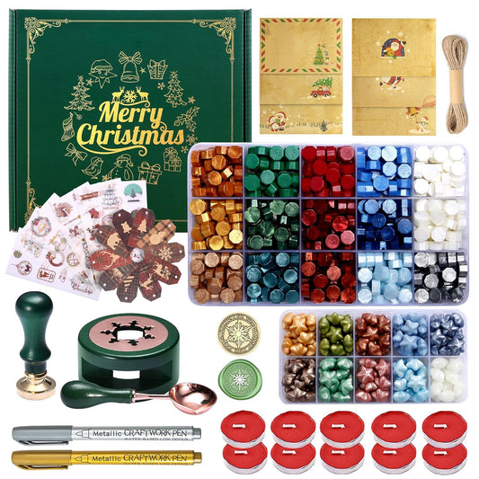 Christmas Wax Seal Kit with Snow Wax Seal Stamp, 25 Colors Wax Seal Beads with Sealing Wax Warmer, Xmas Washi Stickers, Gift Tags, Envelope, Candle, Wax Seal Stamp Kit for Gift and Craft