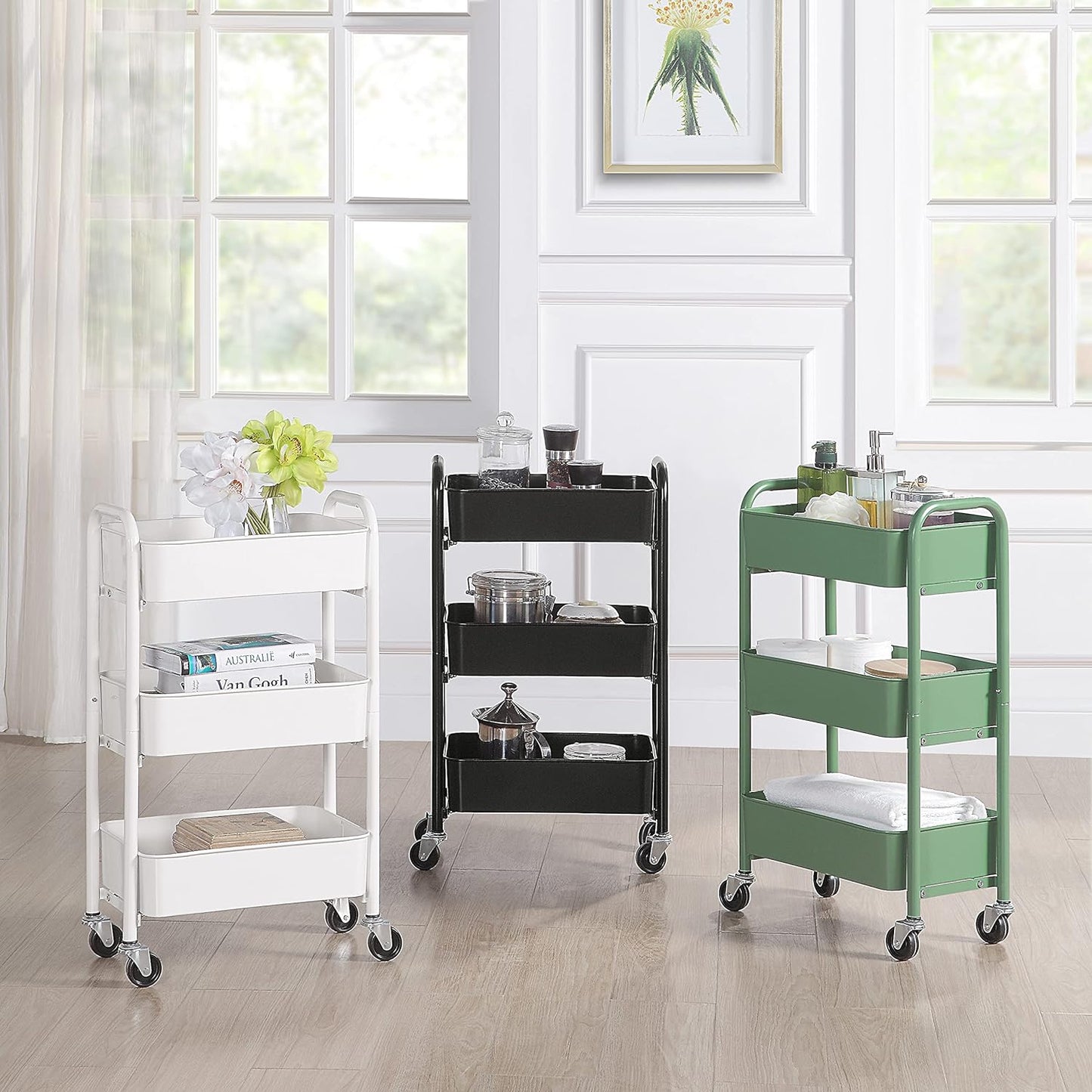 SunnyPoint 3-Tier Delicate Compact Rolling Metal Storage Organizer - Mobile Utility Cart Kitchen/Under Desk Cart with Caster Wheels - BLK (15.35" X 10.24" X 26.8"H)