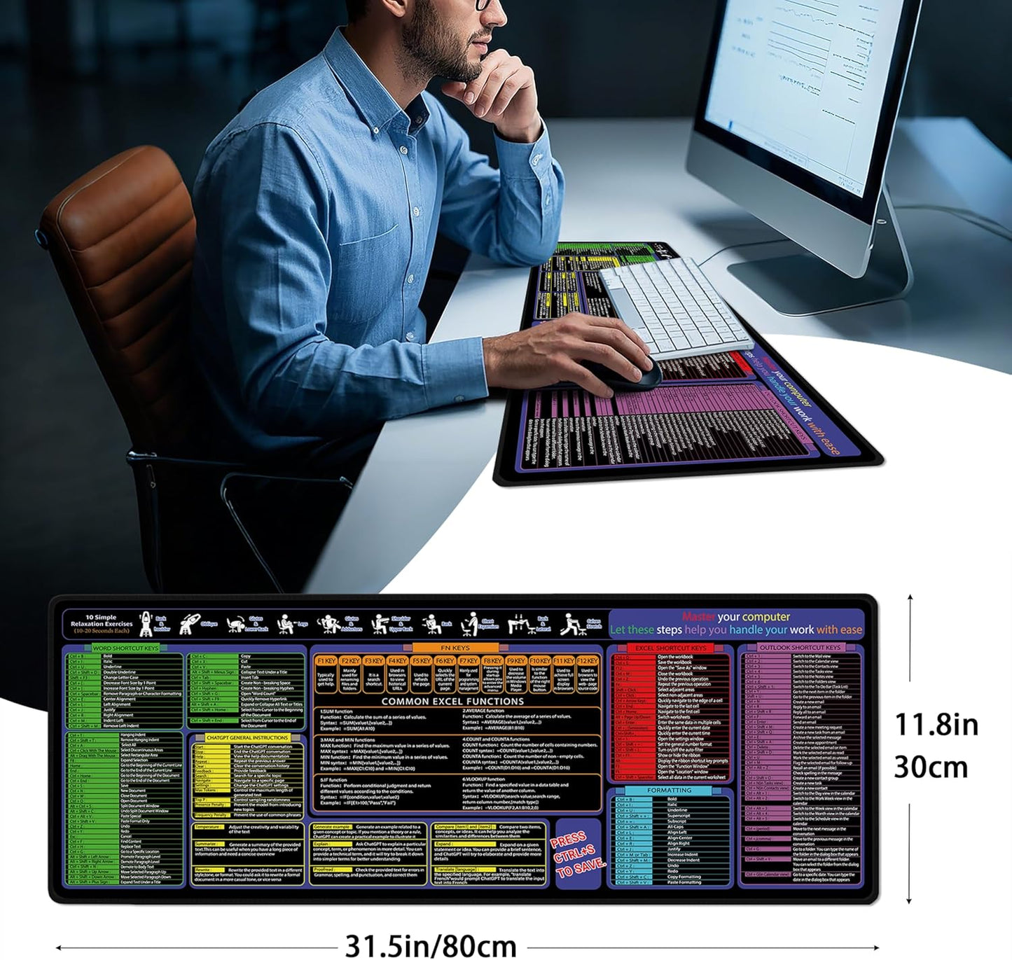 Mouse Pad with Excel, Word, Shortcuts – Excel Cheat Sheet Desk Pad – Portable Computer Mousepad – Gaming, Office, Waterproof, Non-Slip, Stitched Edges 31.5 x 11.8inches x 3mm