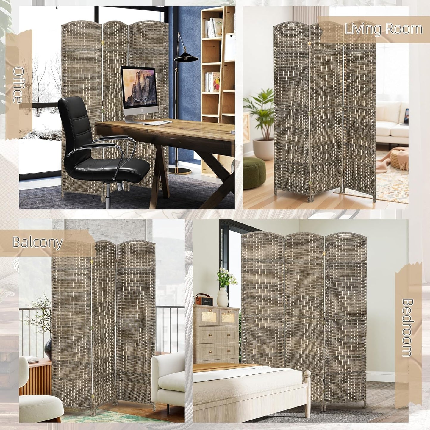 HOMCOM 3 Panel Room Divider, 6' Tall Folding Privacy Screen, Hand-Woven Freestanding Wall Partition for Home Office, Bedroom, Dark Rustic Oak