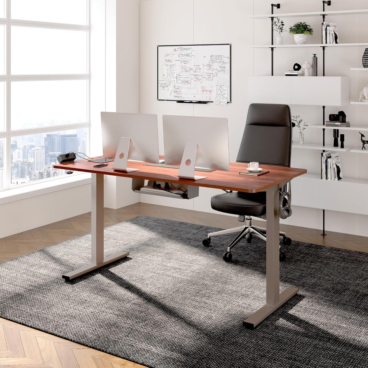 FLEXISPOT EN2 Whole-Piece Standing Desk with Clamp Power Strip, 55 x 28” Electric Stand Up Height Adjustable Desk with Cable Management (Gray Frame + 55" Mahogany Top, 2 Packages)
