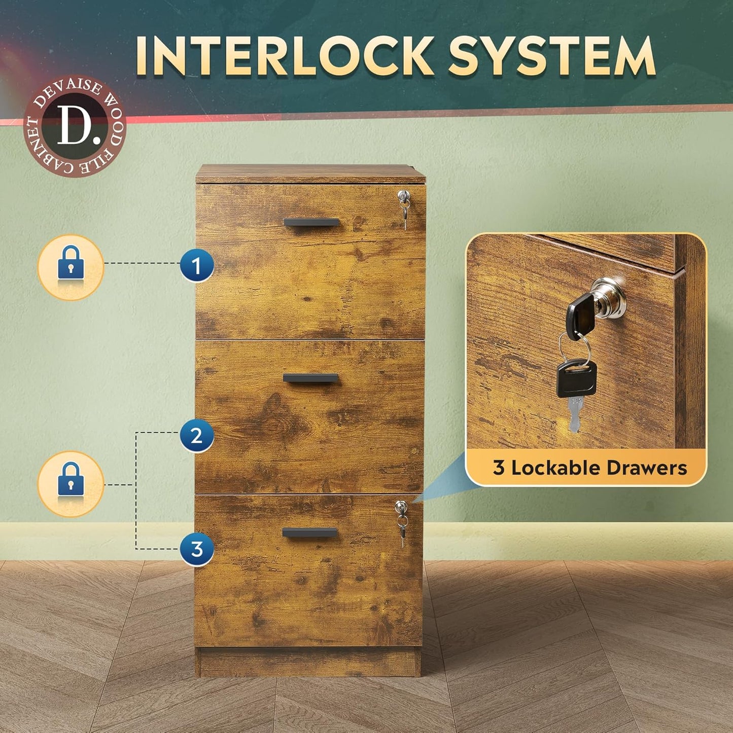 DEVAISE 3 Drawer File Cabinet with Lock, Vertical Wood Filing Cabinet for Home Office, Printer Stand for Letter and A4 Size, Rustic Brown