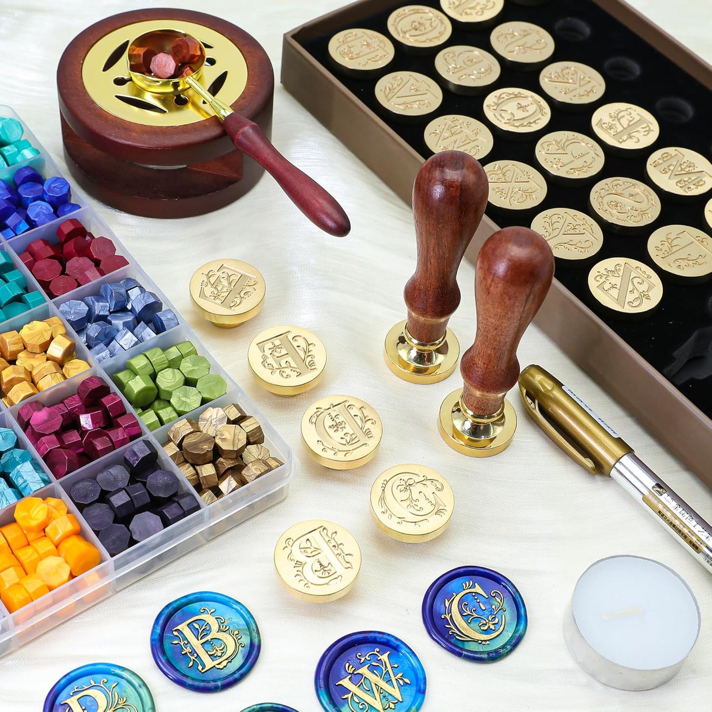 SWANGSA Initial Alphabet A-Z Wax Seal Kit with 624pcs Sealing Wax Beads, Furnace and Pen for Wedding Invitations Cards & Envelope