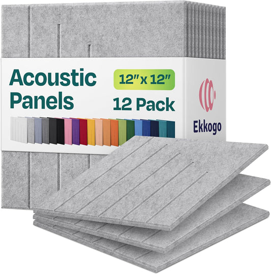 Acoustic Panels 12-Pack Soundproof Wall Panels 12"x12"x0.4" Decorative Sound Dampening for your Home, Office, Studio, Bedroom & More with Unique LineWave Carving [Smoky White]
