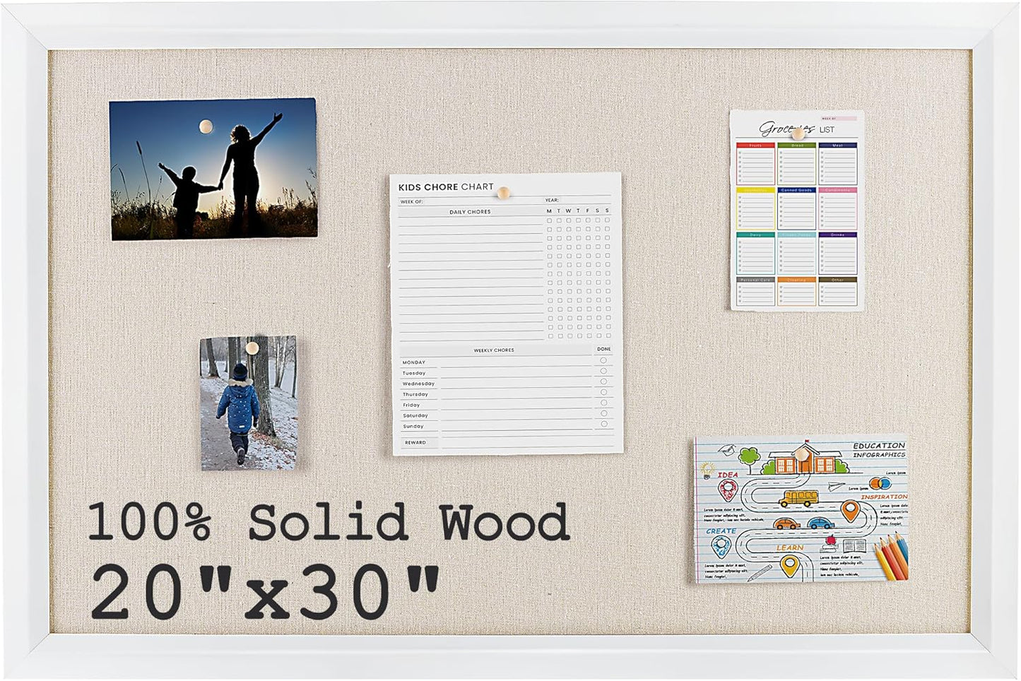 Bulletin Board Cork Board with Linen, 100% Wood Framed 30" x 20" Bulletin Board Decorations, Pin Boards for Walls, Wall Mounted Fabric Picture Board with 10 Pushpins for School, Home & Office, White