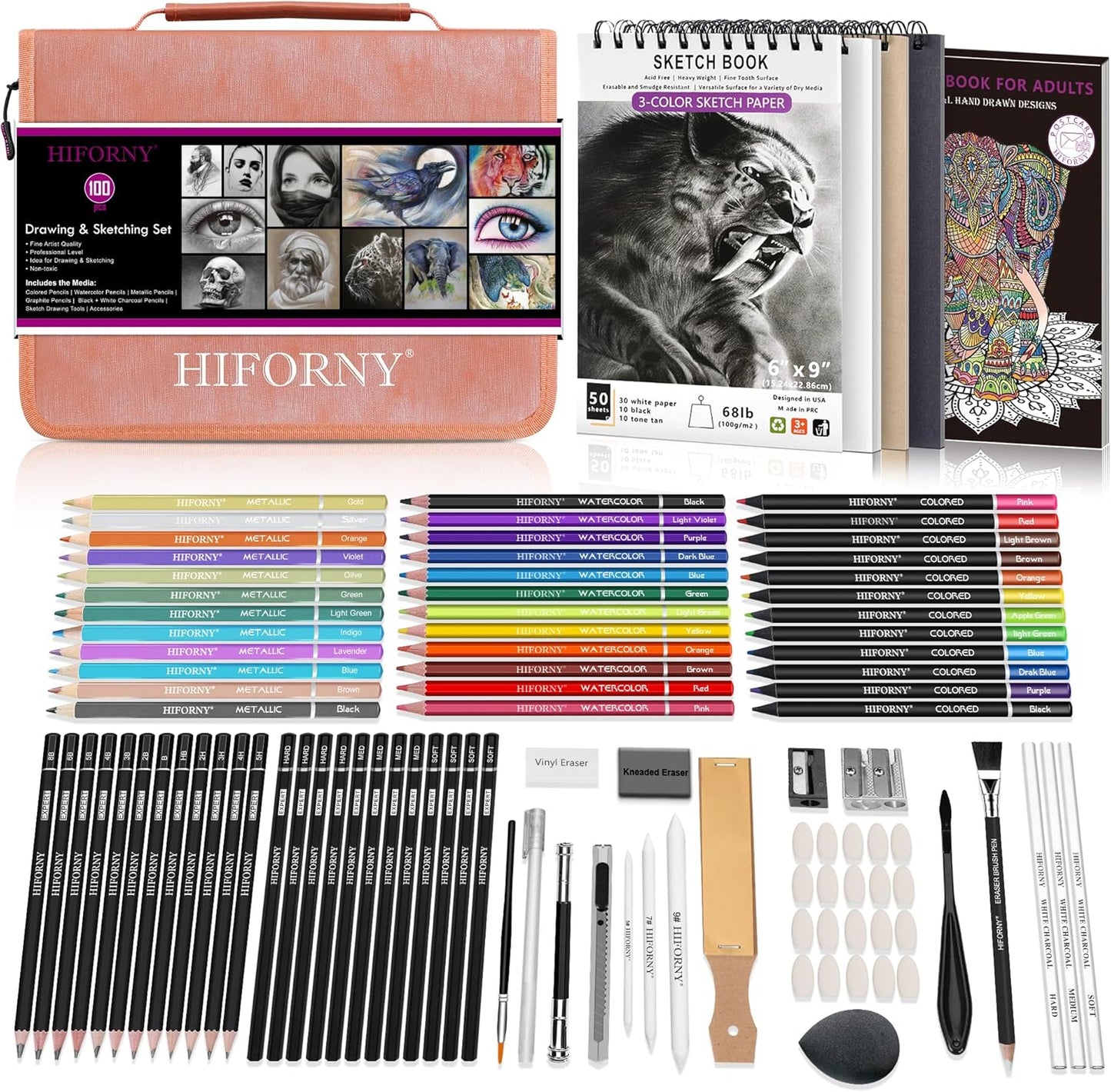 HIFORNY 100 PCS Drawing & Sketching Set, Professional Art Supplies with Graphite,Charcoal, Colored,Watercolor,Metallic Pencils,Blending Tools,Sketchbook and Coloring Book in Zipper Case (Pink)