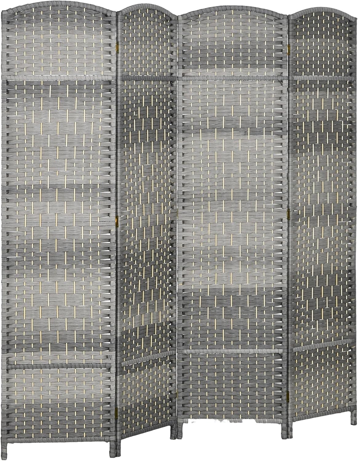 HOMCOM 4 Panel Room Divider, 6' Tall Folding Privacy Screen, Hand-Woven Freestanding Wood Partition for Home Office, Bedroom, Mixed Gray