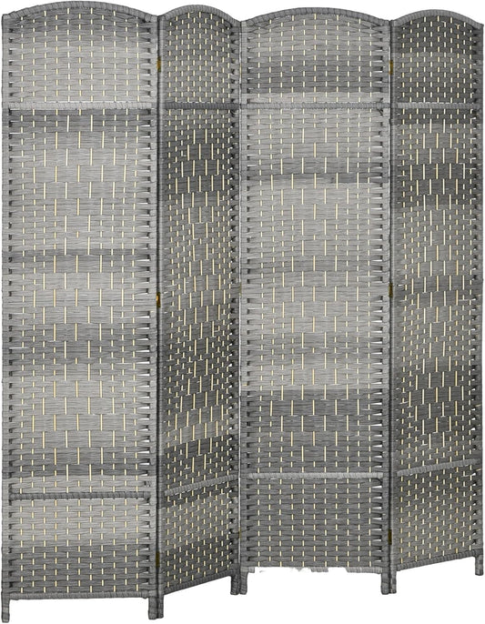 HOMCOM 4 Panel Room Divider, 6' Tall Folding Privacy Screen, Hand-Woven Freestanding Wood Partition for Home Office, Bedroom, Mixed Gray