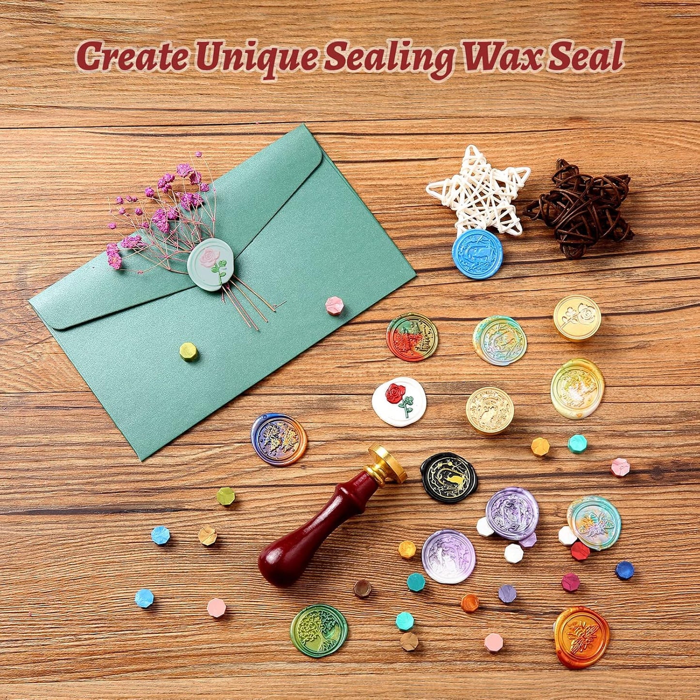 Comealltime Wax Seal Kit with Gift Box, 624 Pcs 24 Colors Sealing Beads, 2 Pcs Stamps, Sealing Wax Warmer, Metallic Pen, Envelope, Candles for Wedding Birthday Gift and DIY Craft, Sellado de Cera
