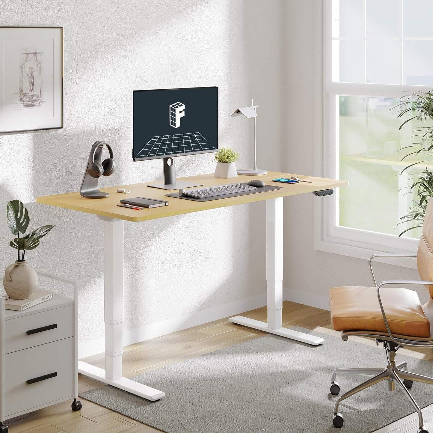 FLEXISPOT E6 MAX Dual Motor 3 Stages Standing Desk 48x30 Inch Whole-Piece Board Electric Height Adjustable Stand Up Desk 150KG Load Capacity(White Frame + Maple Desktop)