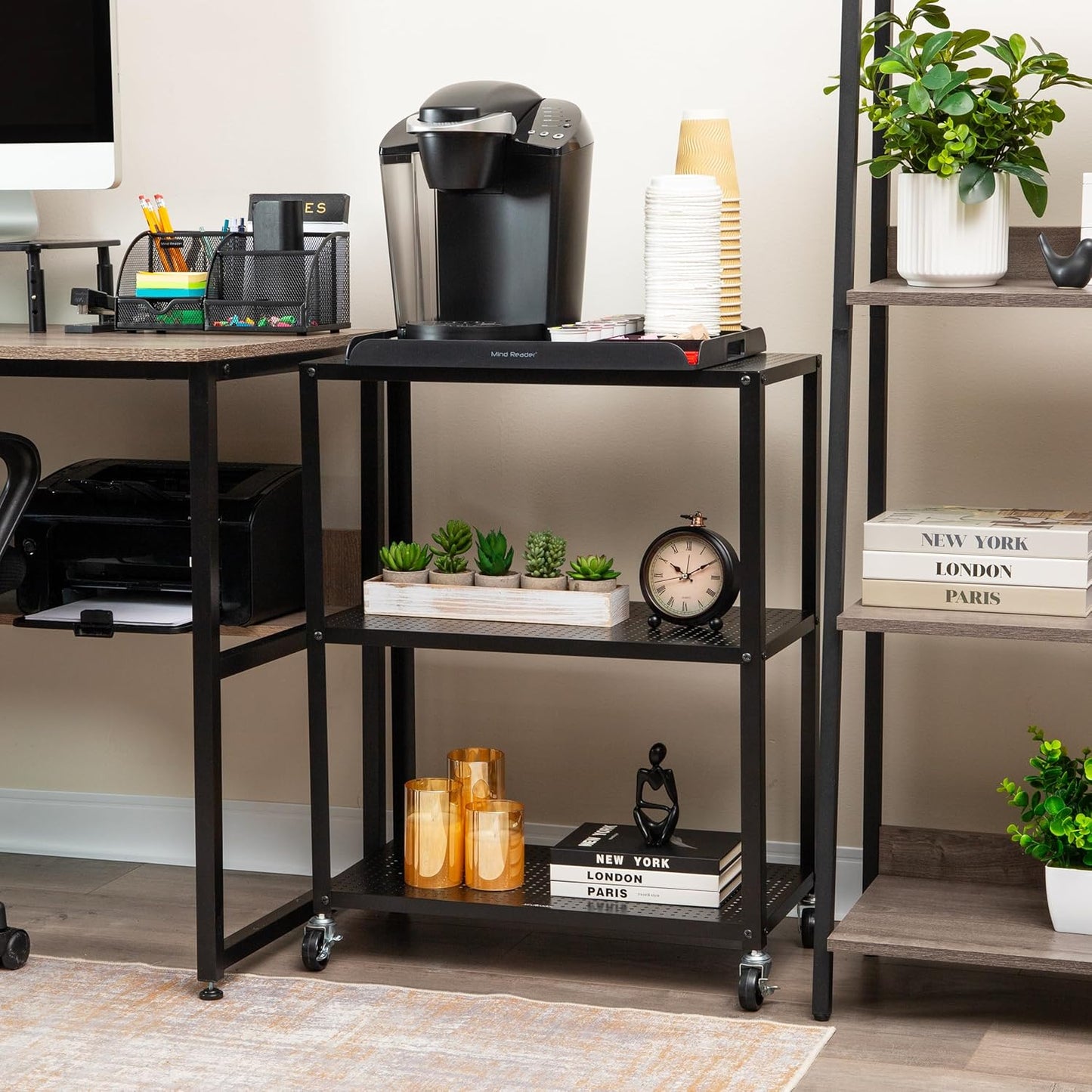 Mind Reader Rolling Cart, Rolling Cart, Microwave Stand, 3-Tier, Coffee Cart, Office, Metal, 23" L x 12" W x 30" H, Black
