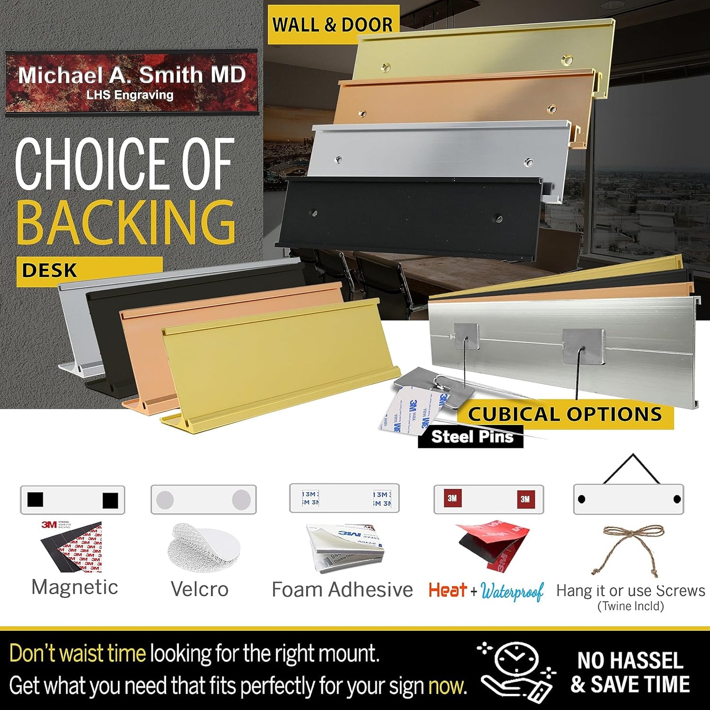 Engraved Name Plates for Door Sign Personalized Burlwood Plastic Plaque with Gold Letters - Made in USA 2x8 N2