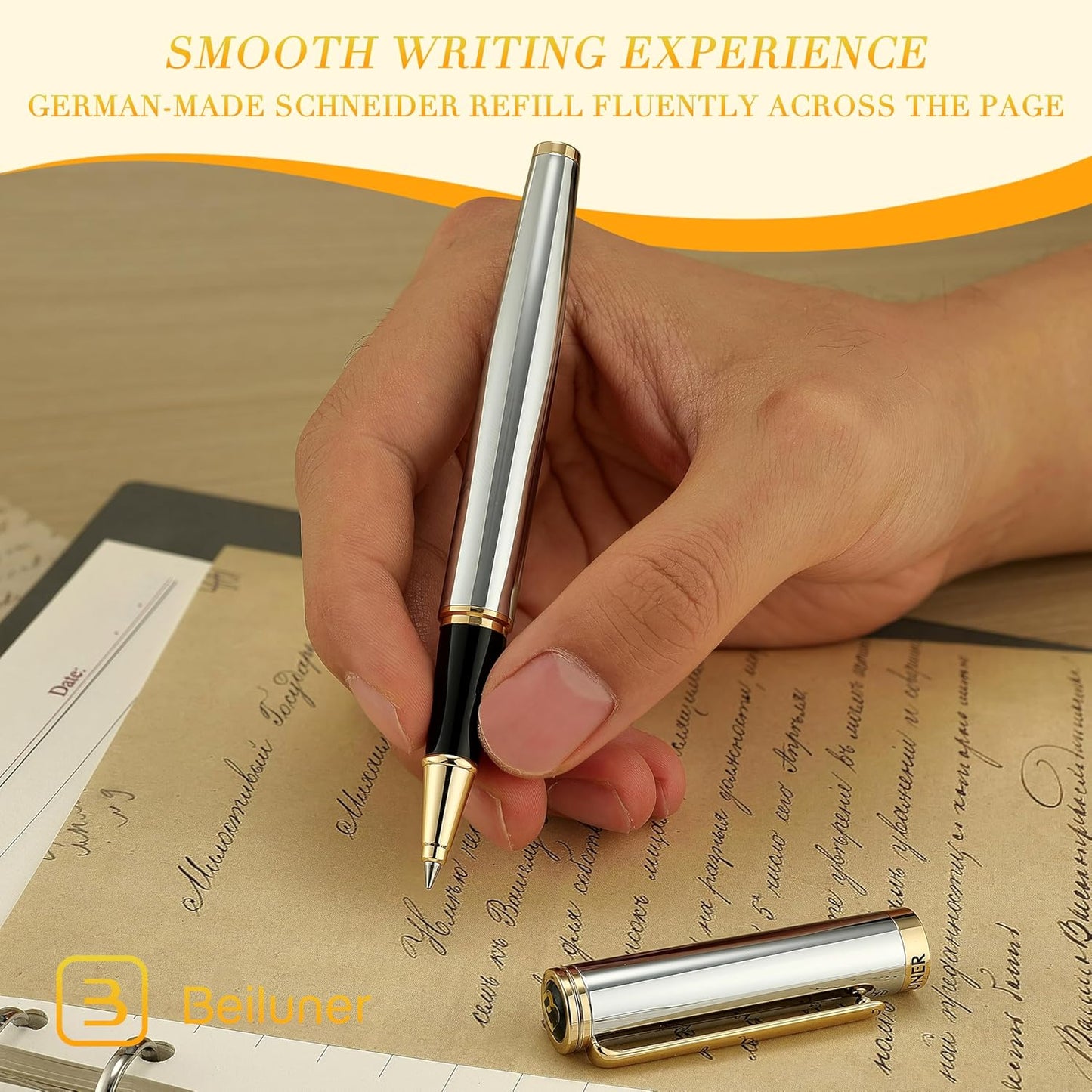 BEILUNER Luxury Rollerball Pen, Stunning Silver Chrome with 24K Gold Finish,Noble and Elegant Designs,Schneider Ink Refill, Best Gift Pen for Men & Women, Professional, Executive Office, Fancy Pens