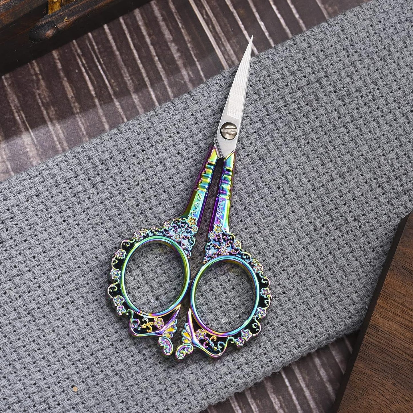 Embroidery Scissors, 4.5in Small Sharp Pointed Tip Vintage Detail Shears with Sheath for Craft, Sewing, Thread Cutting, Artwork, Needlework Rainbow