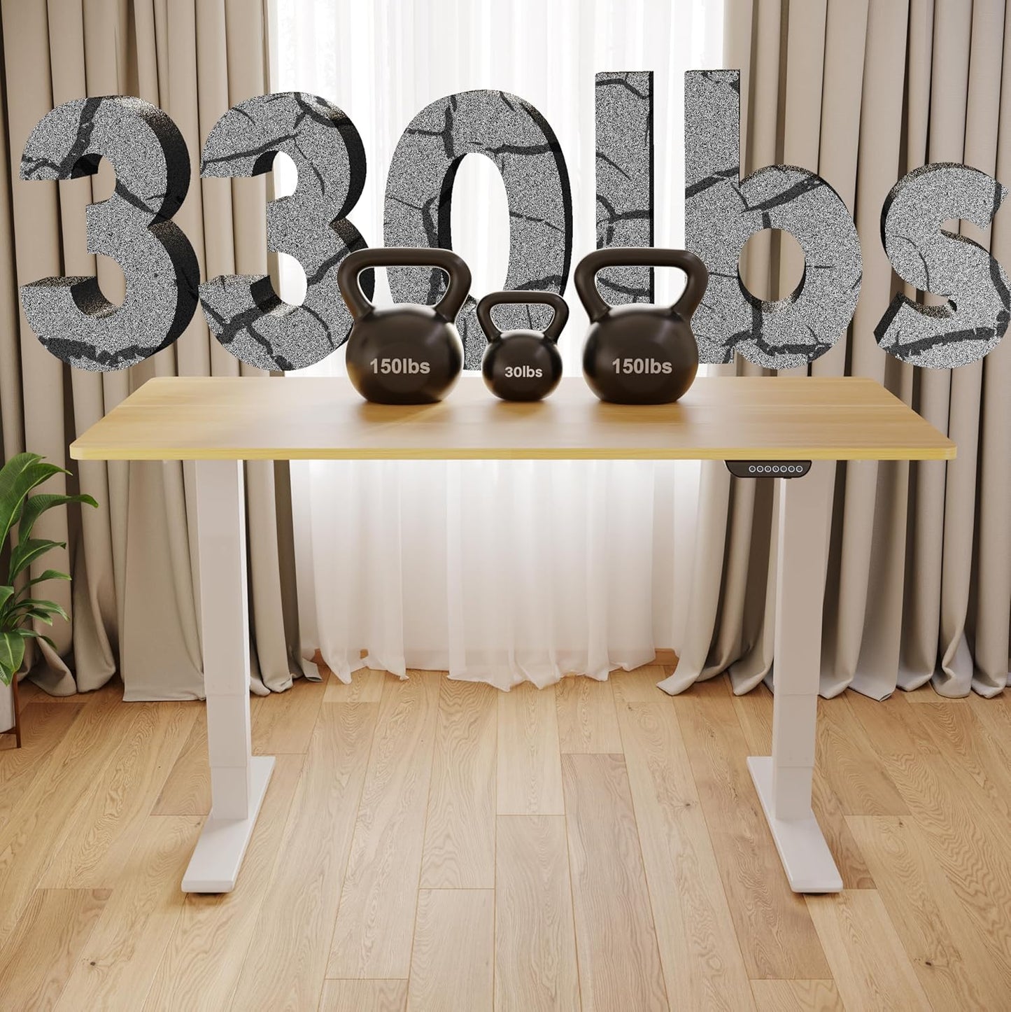 FLEXISPOT E6 MAX Dual Motor 3 Stages Standing Desk 60x24 Inch Whole-Piece Board Electric Height Adjustable Stand Up Desk 150KG Load Capacity(White Frame + Maple Desktop)