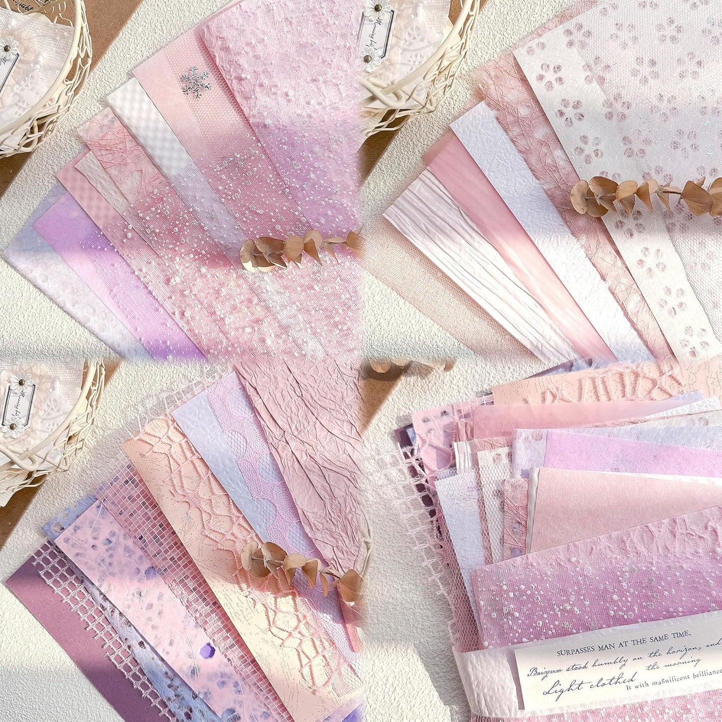 Aromoty 30 sheets A4 size Textured Scrapbook Paper&Mesh Fabric set - Large Handmade Craft Mulberry Special Paper Mix for Scrapbooking Junk Journal Supplies Card Materials Collage, 11.7x8.3 Inches