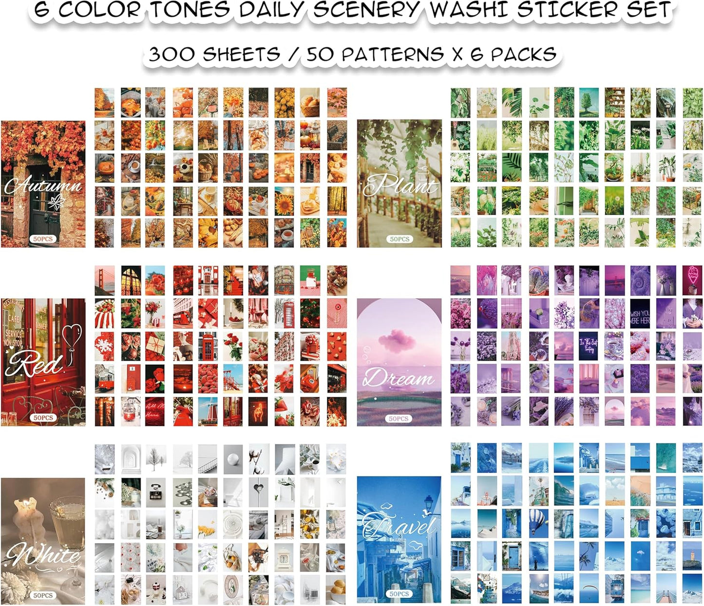 Washi Stickers, 6 Sets 300 Pcs Aesthetic Sticker Book for DIY Journaling, Journaling Supplies for Bullet Journal Art Diary Card Craft Gifts Planner Notebook.