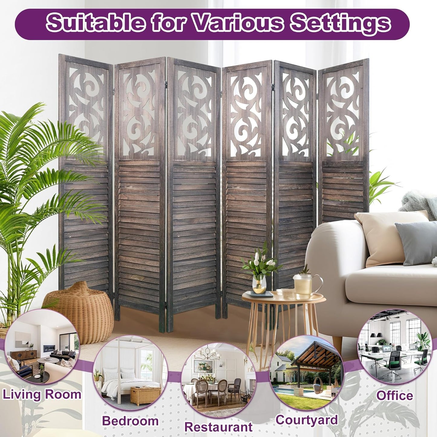 Room Divider, 5.6FT Folding Room Divider Panel, 6 Panel Craved Wood Partition Wall Divider for Room Separation, Rustic Brown