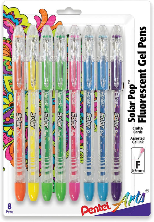 Pentel Arts Solar Pop Neon Gel Pen, 0.6mm Fine Line, Assorted Colors, Pack of 8 (K96PABP8M)