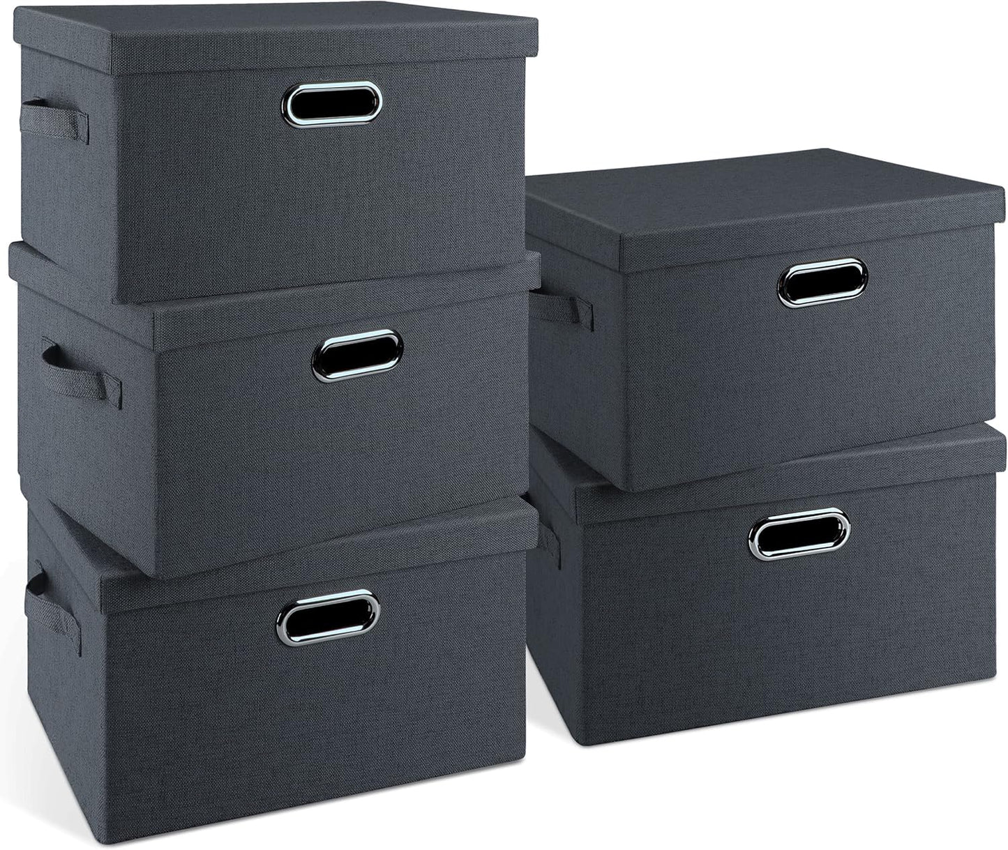 Medium 15" 21 Quart Collapsible Stackable Storage Bins with Lids, 5 Packs Dark Gray Foldable Fabric Closet Storage Boxes with Lids, Lidded Heavy-duty Linen Baskets(15x11x8)