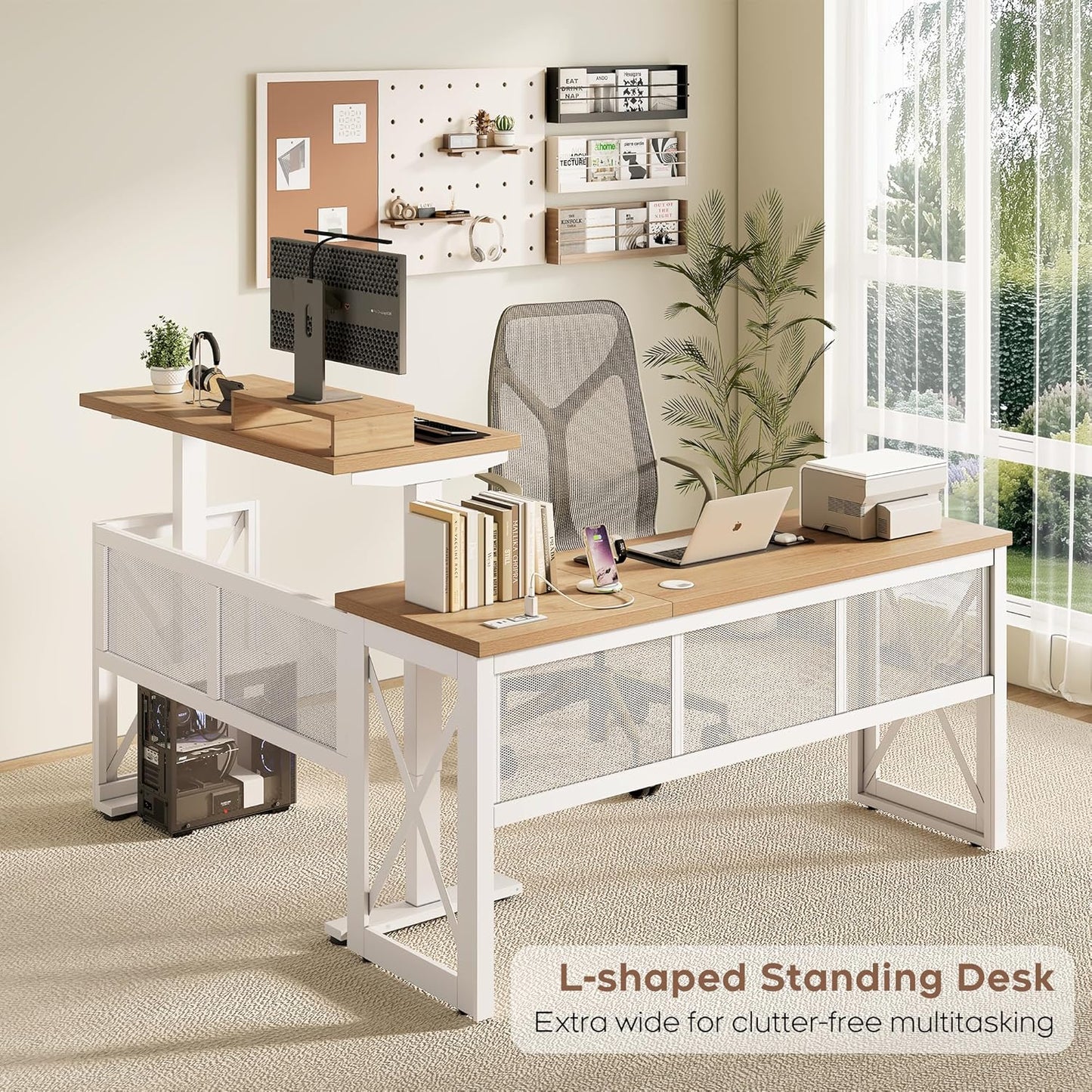 Yechen L Shape Standing Desk, Electric Corner Desk Height Adjustable, 61x60 Computer Desk with 4-in-1 Outlet, for Work Home Office, Livestreaming, Gaming, Natural Oak