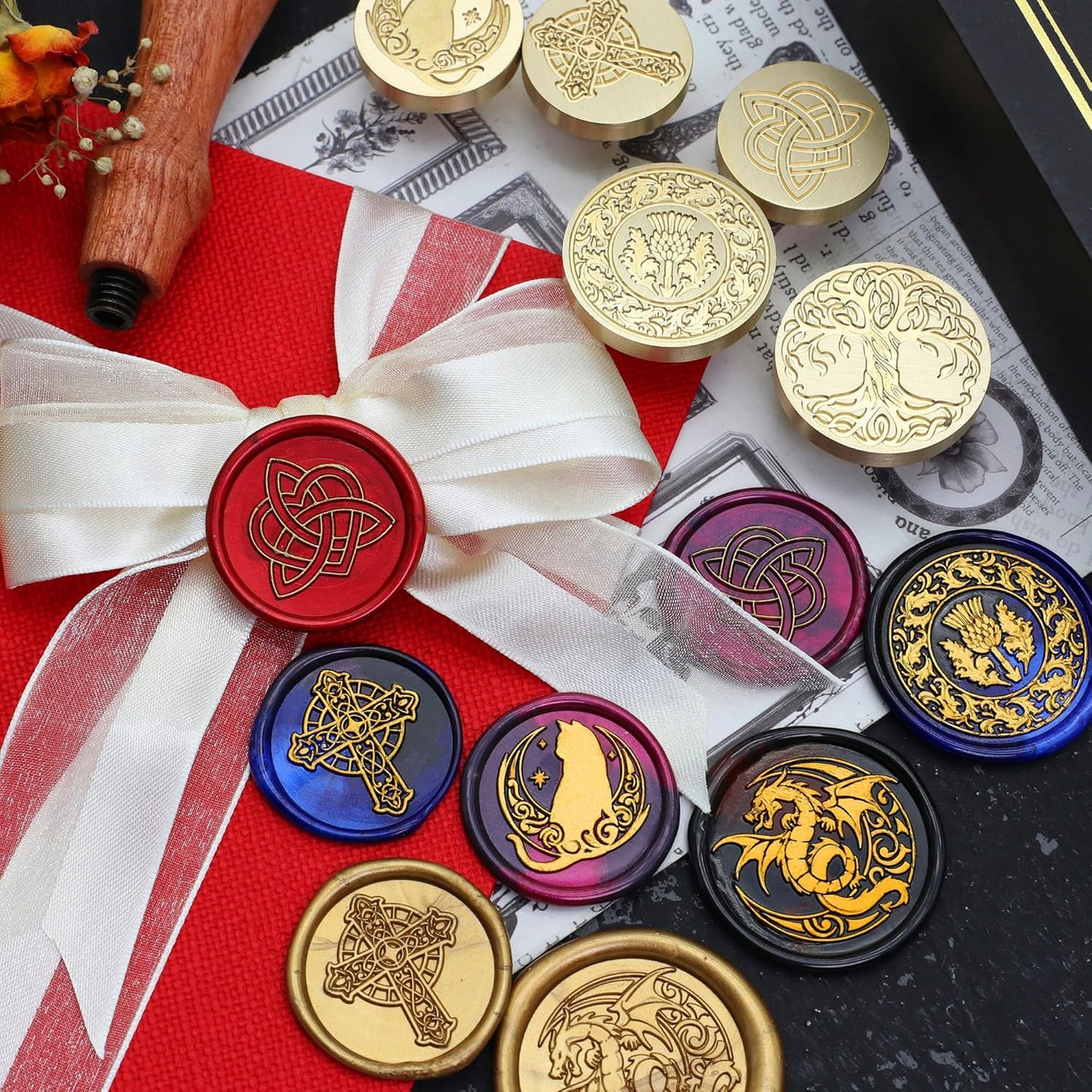 SWANGSA Celtic Wax Seal Stamp Gift Box Set, Vintage 6 Sealing Heads + 1 Wooden Hilt, Wax Stamp Kit for Party Invitations, Envelopes, Cards and Gift Packaging