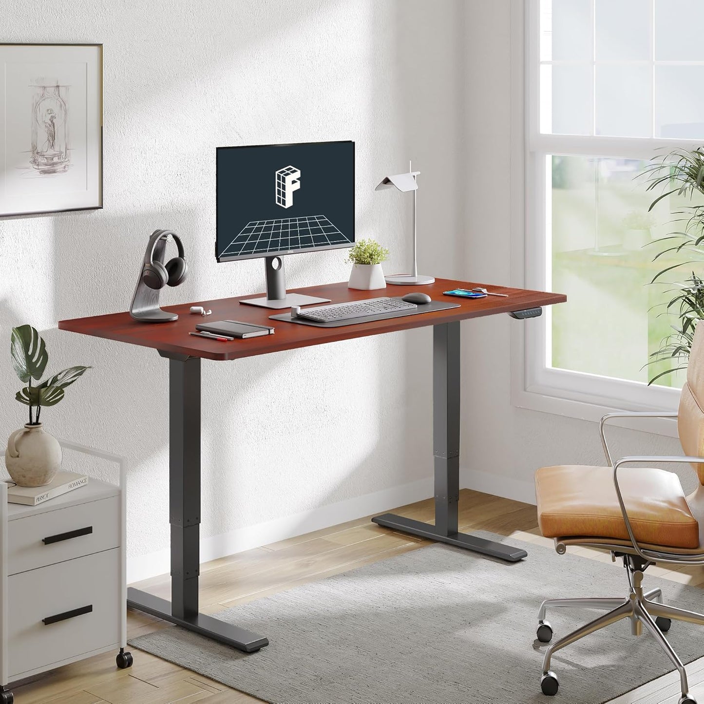 FLEXISPOT E6 MAX Dual Motor 3 Stages Standing Desk 48x30 Inch Whole-Piece Board Electric Height Adjustable Stand Up Desk 150KG Load Capacity(Black Frame + Mahogany Desktop)