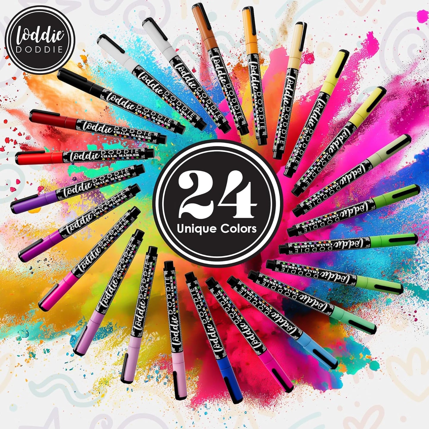 Loddie Doddie Liquid Chalk Markers - Pack of 24 Dust Free, 1mm Fine Tip, Erasable Ink for Blackboard, Windows and Glass - Chalkboard Markers