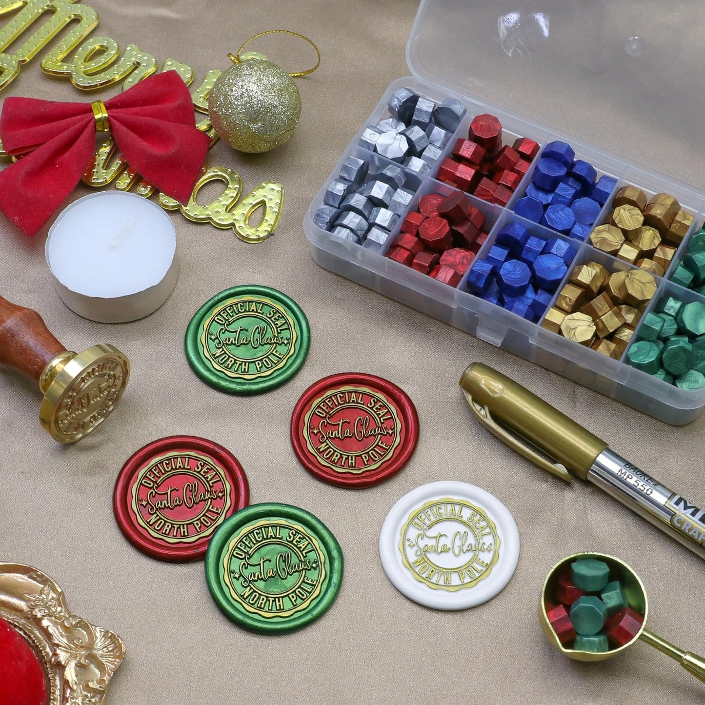 SWANGSA Santa Claus Northpole Official Wax Seal Stamp Kit with 200pcs Sealing Wax Beads, Great for Embellishment of Christmas Cards, Invitations, Wine Packages, Gift Wraps